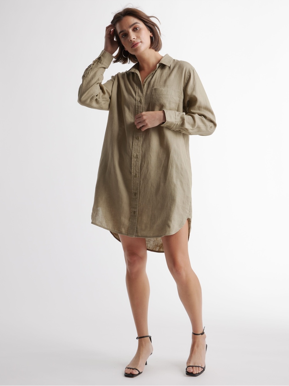 Quince Linen Shirt Dress Size S Olive Minimal Modest Capsule Quiet Luxury